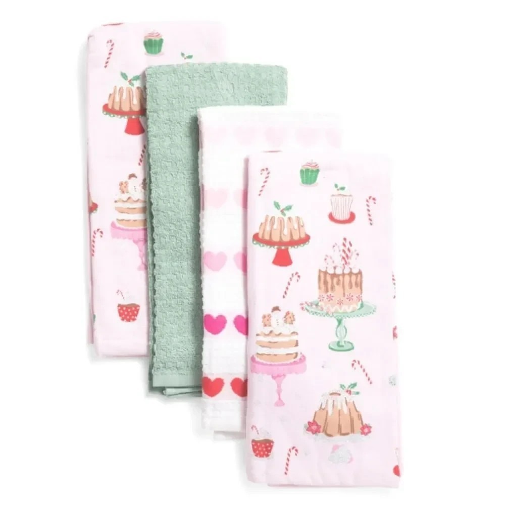 CUPCAKES & CASHMERE Set of 4 Valencia Christmas Tea Cakes Kitchen Towels Pink
